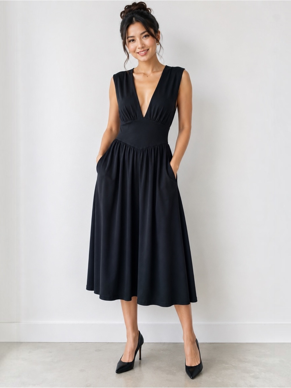 OYS Black Sleeveless Deep V-Neck Midi Dress XL New Stretch Tie Back